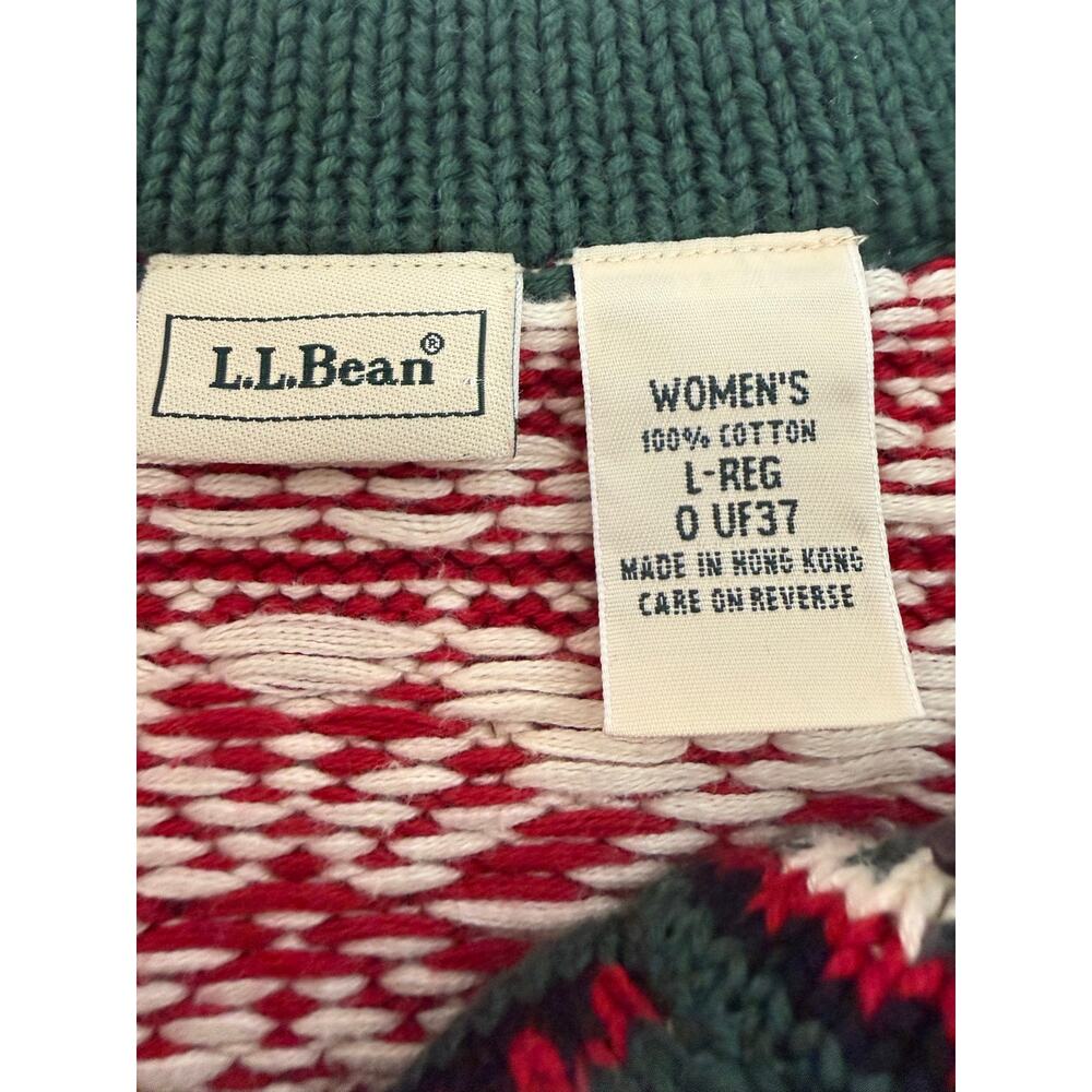 L.L.Bean Fair Isle Nordic Henley Sweater Large Red Cotton Snowflake - Picture 2 of 7